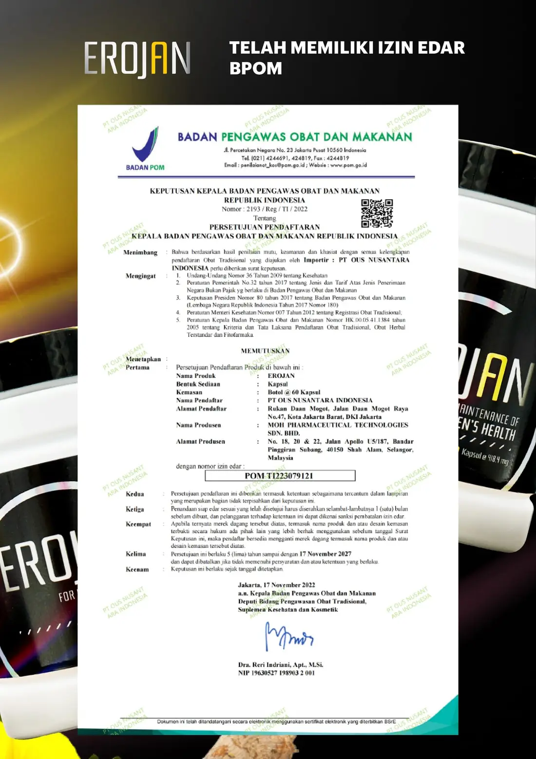 Sertifikat BPOM EROJAN, halaman 1